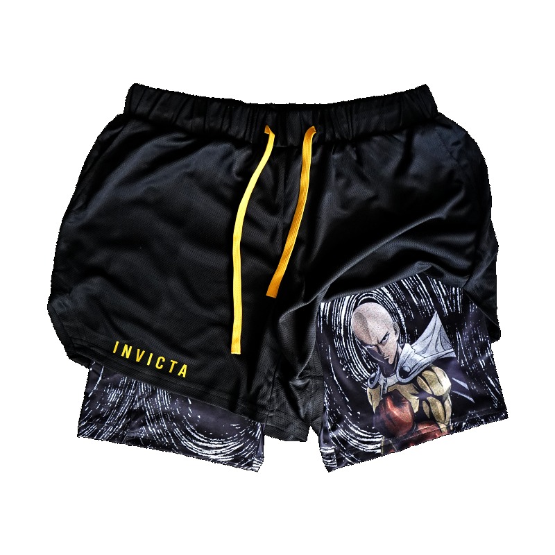 Anime Cosplay One Punch Man - อะนิเมะวันพันช์แมน ไซตามะ 2-อิน-1 กางเกงขาสั้นฤดูร้อนแห้งเร็วกางเกงขาสั้นกีฬาระบายอากาศได้ดีกางเกงขาสั้นออกกำลังกาย