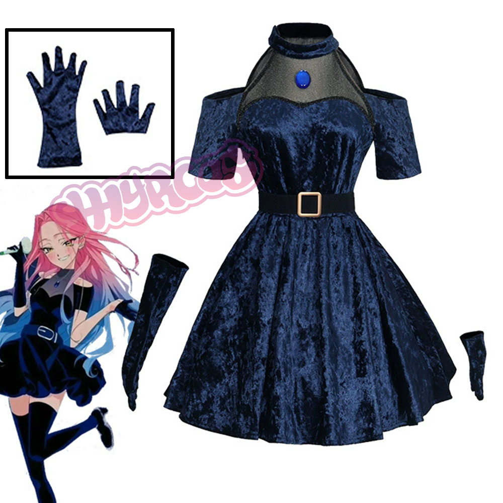 Cosplay Anime Pink Hair - Mizi คอสเพลย์อะนิเมะ Alien Stage เครื่องแต่งกายชุดสีน้ําเงินเข้มสีชมพูยาวผมถุงมือถุงน่องชุดเข็มขัดชุดสําหรับคริสต์มาส