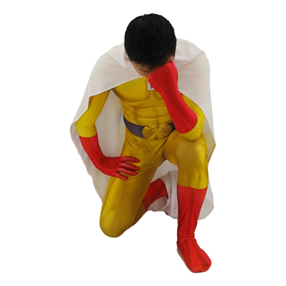 Anime Cosplay One Punch Man - ชุดคอสเพลย์อนิเมะวันพันช์แมน ชุดบอดี้สูทไซตามะ ชุดซูเปอร์ฮีโร่ สำหรับฮาโลวีน งานคาร์นิวัล ชุดจั๊มสูทไซตามะพร้อมผ้าคลุม