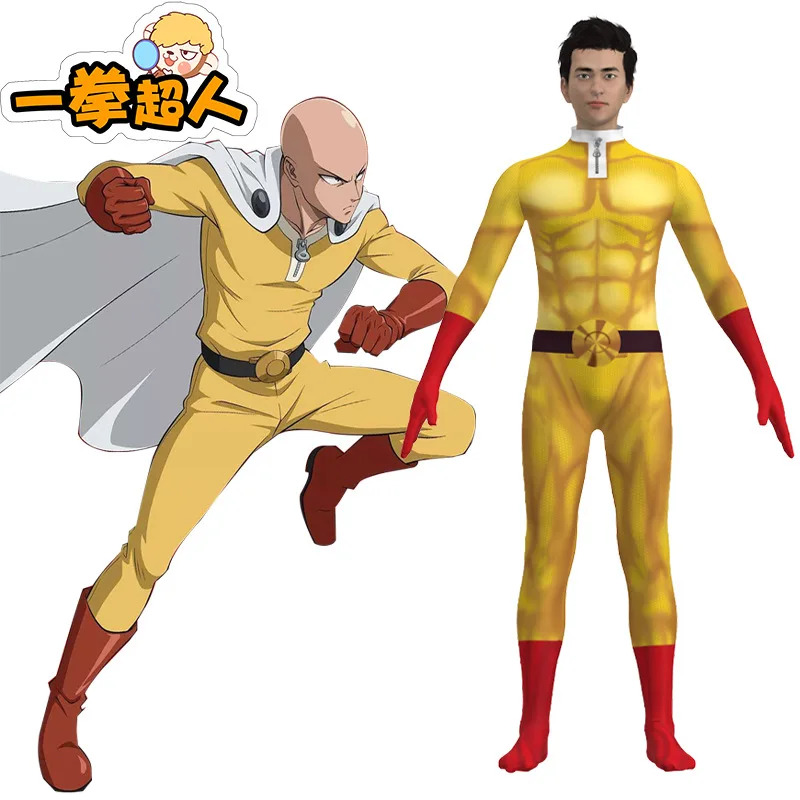 Anime Cosplay One Punch Man - ชุดคอสเพลย์วันพีชแมนใหม่สำหรับฮาโลวีน ชุดคอสเพลย์ไซตามะ ชุดบอดี้สูทคอสเพลย์อนิเมะ ชุดจั๊มสูทซูเปอร์ฮีโร่สำหรับฮาโลวีน