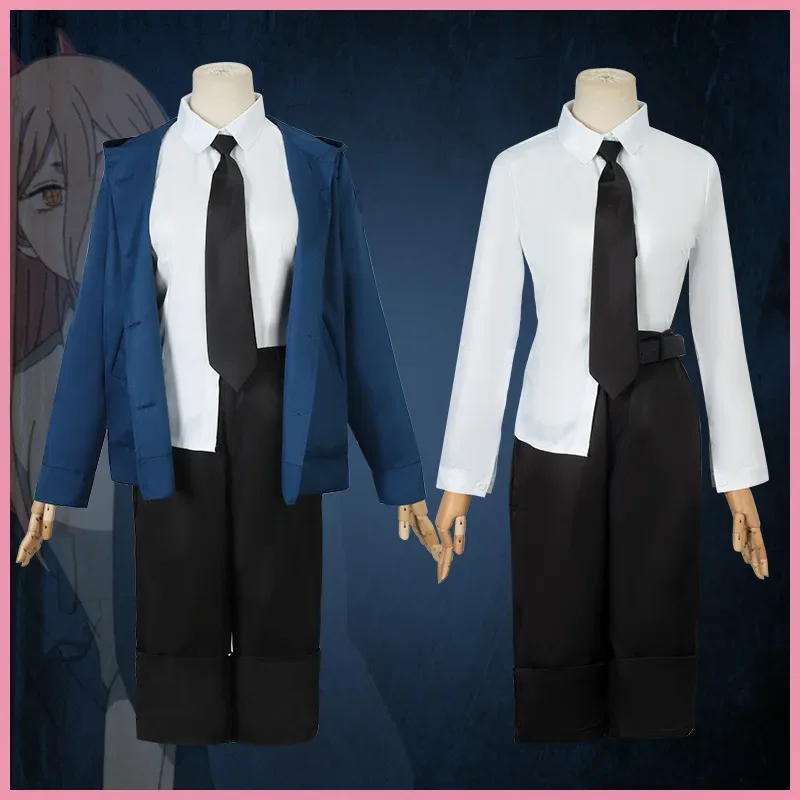 Chainsaw Man Cosplay - ชุดคอสเพลย์พาวเวอร์ ชีนซอว์แมน เสื้อแจ็คเก็ตสีน้ำเงิน วิกผม แหวนเขา ปิ่นปักผม