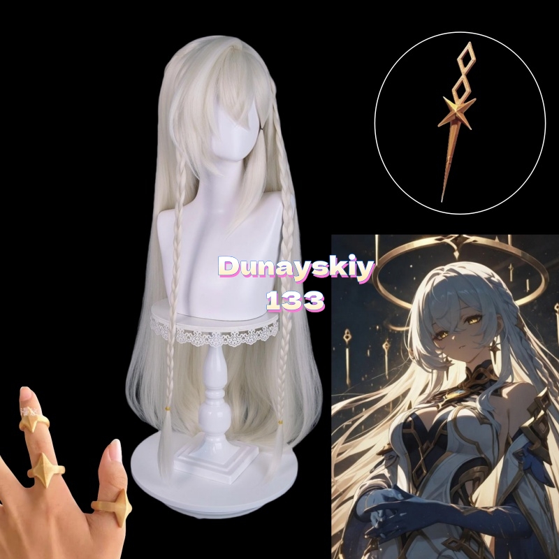 Anime Cosplay Long Hair - วิกผมคอสเพลย์อิสตารอธจากเกม Genshin Impact สีบลอนด์อ่อนยาว สี่เฉดสี พร้อมเครื่องประดับศีรษะ