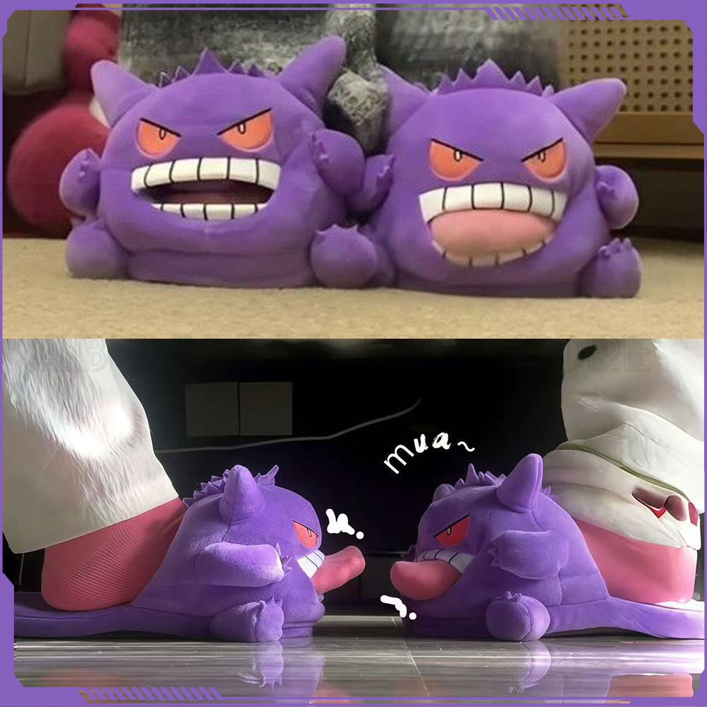 Anime Cosplay Couple - รองเท้าแตะตุ๊กตา Gengar ลายอนิเมะใหม่ ดีไซน์ลิ้นยื่นตลก พื้นนุ่ม น่ารัก