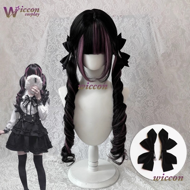 Cosplay Anime Pink Hair - การ์ตูน ‌ วิกผมสีดำพร้อมวิกผมคอสเพลย์สีชมพูพร้อมหน้าม้า วิกผมยาวหยิกสไตล์โลลิต้า วิกผมคอสเพลย์สำหรับผู้หญิง ทนความร้อนได้